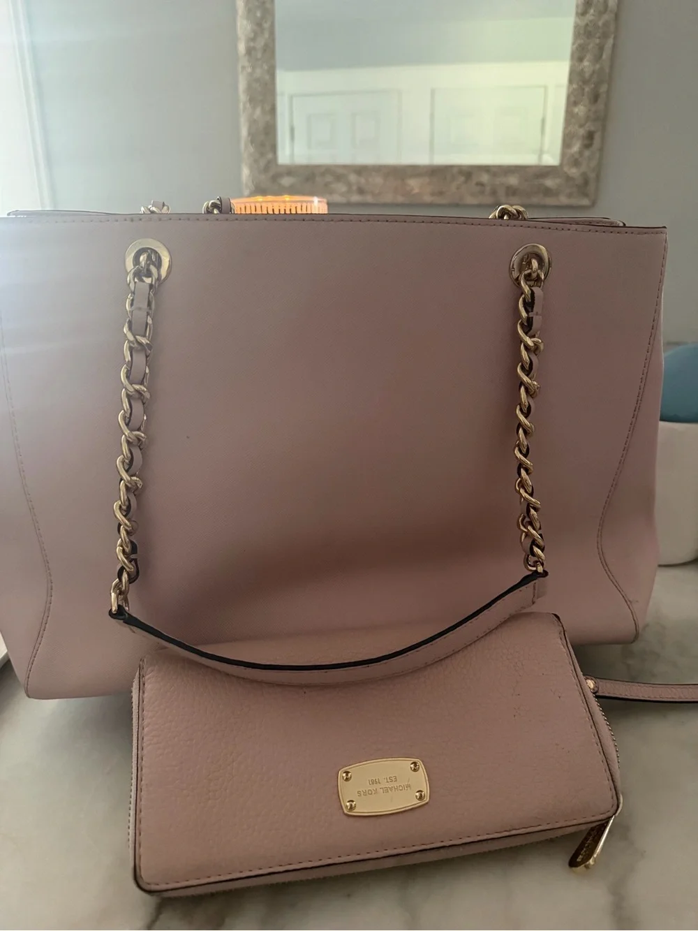 Michael Kors Dusty Pink Leather Tote with Gold Chain Handles and Matching Wallet
